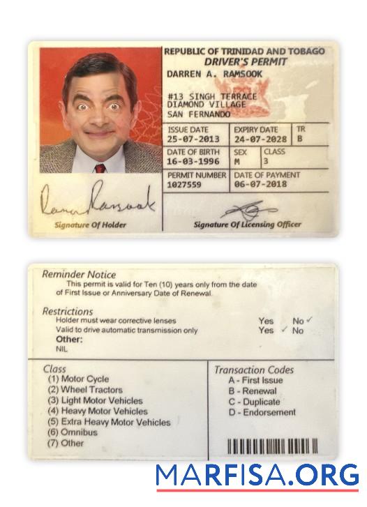 Downloadable Trinidad and Tobago driving license 2018 present example